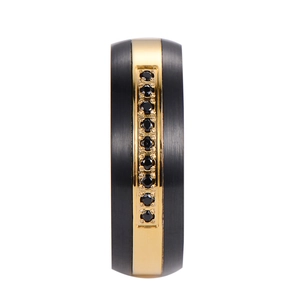 Modern men's tungsten and stainless steel ring with black brushed finish and gold accents