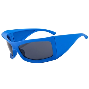 Oversized square fashion sunglasses with electric blue frame and dark grey lenses for runway look