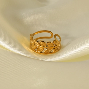 Adjustable 18k gold plated stainless steel open ring with hollow leaf pattern design