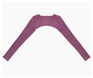 Close-up of plum purple yoga shrug with high elastic long sleeves and backless design