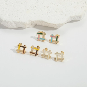 Three pairs of geometric square enamel stud earrings with zircon stones and gold plating