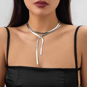 Detailed view of silver flat snake chain choker with double layer and long tassel drop