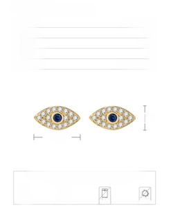 Macro view of S925 silver evil eye stud earrings with technical dimensions and size specs