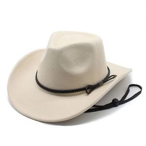 Classic beige wool felt cowboy hat with black decorative band and adjustable wind cord