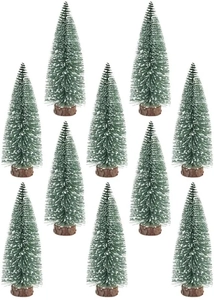 Set of 12 mini frosted Christmas trees with snow effect and natural wooden bases
