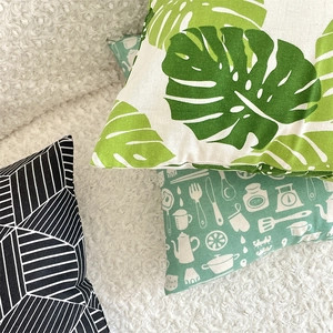 Detail of tropical leaf, kitchen illustration, and geometric cotton linen pillowcases