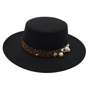 Women French Retro Boater Hat Wool Felt Flat Top Wide Brim With Leopard Print Band And Artificial Pearl Flower Decoration Elegant