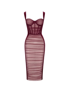 Detail of burgundy mesh ruched corset dress featuring structured bodice and fabric texture
