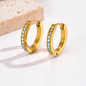 Golden stainless steel hoop earrings with colorful rainbow crystals in a luxury finish