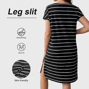 Short sleeve maternity dress with black and white stripes and side leg slit detail
