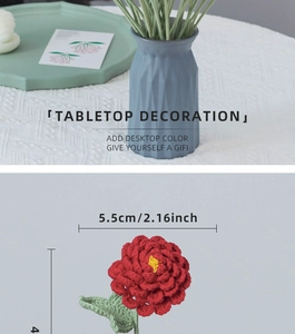 Detail of hand-crocheted red peony flower in a blue vase, measuring 5.5cm in diameter