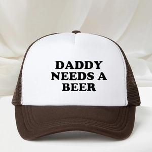 Detailed view of brown and white trucker hat featuring Daddy Needs A Beer print