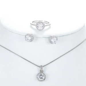 Copper Cubic Zirconia Halo Necklace Stud Earrings Ring Classic Elegant Jewelry Accessories For Women Silver Plated