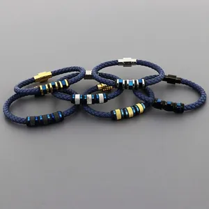 Braided Leather Bracelet With Stainless Steel Magnetic Clasp And Metal Beads Trendy Industrial Jewelry For Men