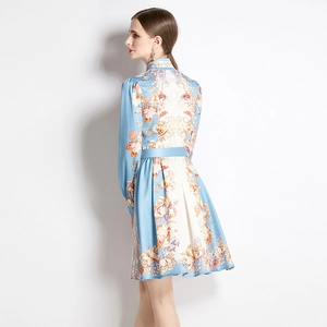 Elegant floral print A-line dress with long sleeves and stand collar, including belt