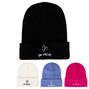 Knitted Beanie Hat Acrylic Winter Warm Cuffed Skull Cap With You Decide Smiley Face Embroidery Streetwear Unisex