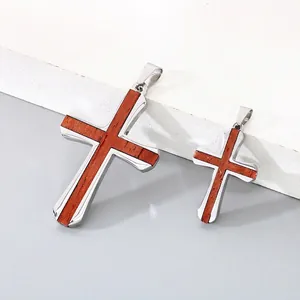 Collier Pendentif Croix Acier Inoxydable Avec Incrustation En Bois Bijoux Religieux Minimalistes Pour Hommes Femmes