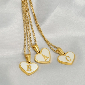 French style gold stainless steel shell heart pendant necklace with initial letters
