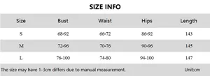 Detailed size guide table for women's floral backless dress showing bust and length