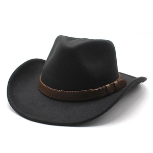 Chapeau de cowboy classique en feutre de laine noir avec ruban en cuir marron