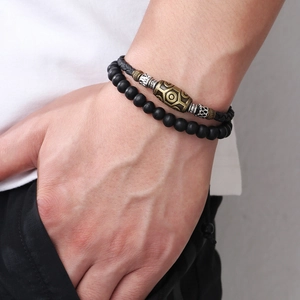Men's double-layer beaded bracelet featuring black matte stones and braided wax rope