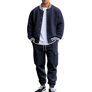 Navy blue men's baseball collar track suit with white stripes and cargo pants detail