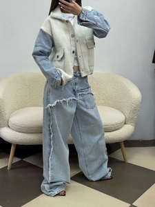 Women's baggy distressed jeans and patchwork denim plush jacket set in high street style