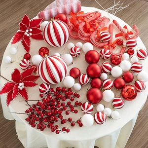Christmas Tree Decoration Ornaments Kit Red White Candy Theme Plastic Foam Baubles Candy Canes Flowers Berries Hanging Festive Decor
