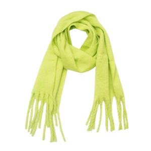 Close-up of soft green mohair scarf featuring delicate fringe details and woven texture