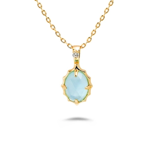 Close-up of gold-plated silver pendant with oval blue labradorite and tiny diamond detail