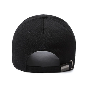 Rear view of black cotton baseball cap with adjustable metal buckle on white background