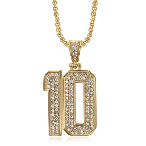 Collar hip hop con colgante número 10 de acero inoxidable chapado en oro y strass brillantes