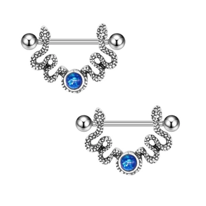Symmetric silver snake nipple rings with blue gemstones for body piercing jewelry