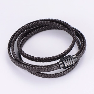 Multilayer braided dark brown leather bracelet with black hexagonal magnetic clasp
