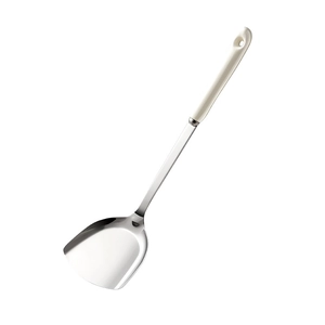 Stainless steel kitchen turner with ergonomic white handle and hanging hole on white background