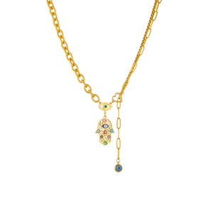Gold Evil Eye and Hamsa hand pendant necklace with mixed chain and colorful enamel details