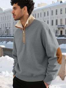 Men's grey sweatshirt featuring brown fleece stand collar and matching elbow patches detail