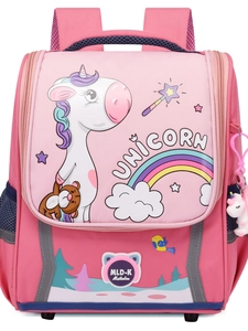 Pink cartoon unicorn school bag for girls with rainbow print and plush charm accessory