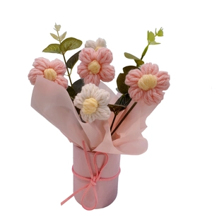 Handmade crochet puff flower bouquet in pink cylindrical bucket for Mother's Day gift