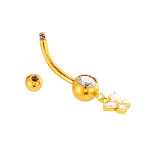 Golden titanium belly button ring with butterfly pendant and cubic zirconia stones