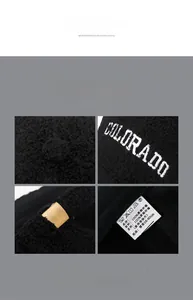 Detail of Colorado embroidery and metal adjustment buckle on black fleece baseball cap