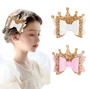 Children Glitter Crown Bow Hair Clip Princess Shiny Bowknot Fabric Hairpins Girls Non-Slip Party Birthday Hair Accessories