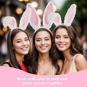 Plush bunny ear headbands in white and pink, worn by three friends at a festive party