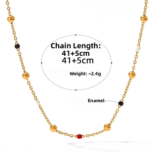Detail of colorful enamel beads on gold stainless steel chain showing 41cm length and 2.4g weight