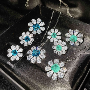Flower Necklace Earrings Ring For Women Copper Square Blue Green Zirconia Elegant Luxury Accessories Silver Plated