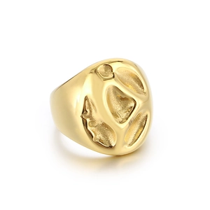 Chunky gold stainless steel ring featuring irregular cutout texture and hollow design