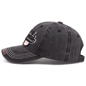 Detailed side view of washed dark grey baseball cap with Angeles embroidery and distressed brim