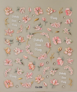 3D embossed floral nail stickers with gold peony flowers and butterfly script Co-296