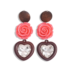 Boucles d'oreilles rétro en résine avec fleur rose et pendentif cœur en cristal