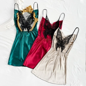 Silky V-neck nightdress with lace appliqué in dark green, red, and champagne colors